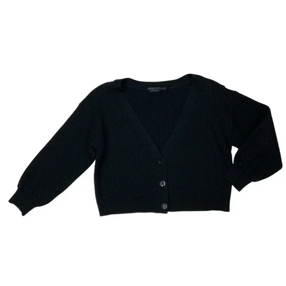 Alice + Olivia Zelina Deep V Cardigan Sweater M Black Cropped Cable Knit - Picture 12 of 12